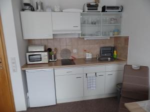 拜尔里舍艾森施泰恩Am Waldrand的厨房配有白色橱柜、水槽和微波炉