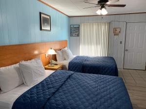 two beds in a hotel room with blue walls at Town & Country Motel in Parry Sound