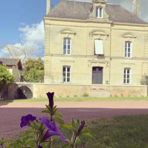 an old house with a purple flower in front of it at La Maison BellecOur in Vaudelnay