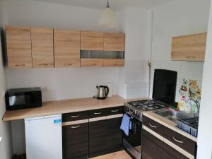 a kitchen with wooden cabinets and a stove top oven at Apartament Tygrysek in Ustka