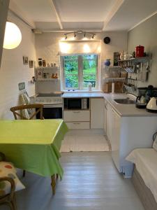 a kitchen with a green table and a sink at Baghuset in Ebeltoft