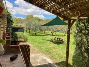 Mirabella ImbaccariにあるLa Casa Bluのピクニックテーブルと緑の傘が備わるパティオ