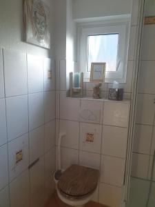 a bathroom with a toilet and a window at Kleine Auszeit in Stakendorf