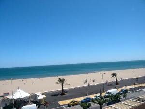 a view of a beach with palm trees and the ocean at Apartment Les Terrasses du Levant by Interhome in Narbonne-Plage