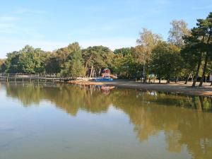 vistas a un lago con un parque infantil en el fondo en Chalet Nepumuk-3 by Interhome, en Arendsee