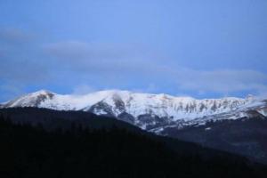 a snow covered mountain range with trees in the foreground at Appartamento per 5 Abetone, vista Piste. in Abetone