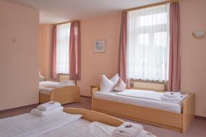 ein Hotelzimmer mit 2 Betten und einem Spiegel in der Unterkunft Boselblick Gästezimmer & Biergarten in Sörnewitz