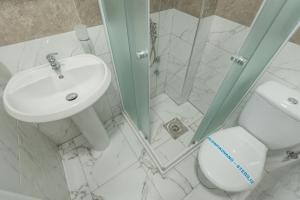La salle de bains est pourvue d'un lavabo, de toilettes et d'une douche. dans l'établissement Vila Safir, à Loznica
