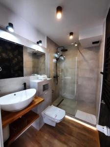 a bathroom with a sink and a shower and a toilet at GoldenApart Willa -Apartamenty z dwiema sypialniami, basen in Krynica Morska
