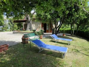a group of blue chairs sitting in the grass at Holiday Home Podere Cafaggiolo-2 by Interhome in Volterra