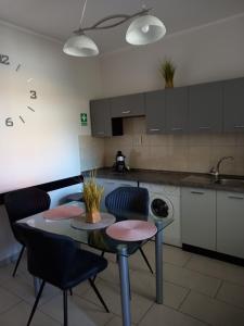 a kitchen with a table and chairs in a kitchen at Viola Vendégház in Pápa