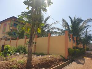 a fence with a palm tree in front of a building at Résidence La ROSÉE in Yaoundé
