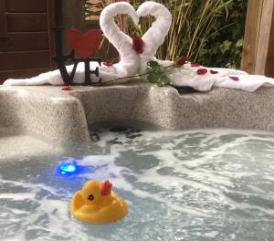 a rubber duck in a bathtub with two hearts and roses at Cypress Log Cabins Accommodation in Godshill