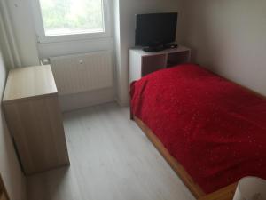 een kleine slaapkamer met een bed en een televisie bij Vier Jahreszeiten 1-41 in Großenbrode