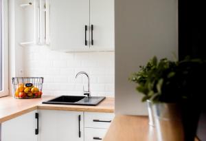 uma cozinha com um lavatório e uma taça de fruta em Apartament Rycerski em Malbork