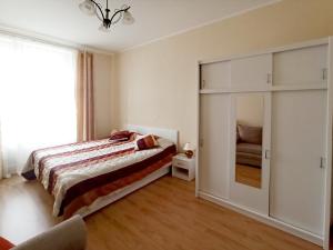 - une chambre avec un lit et une grande fenêtre dans l'établissement Apartments IRIS, à Karlovy Vary