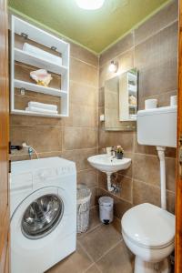 Un baño con lavadora y lavabo. en Apartman Glicinija, en Herceg-Novi