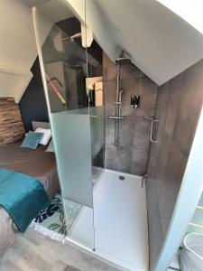 una ducha con puerta de cristal en un dormitorio en Groot GENOEGEN - 50 North - with AIRCO, en Herne