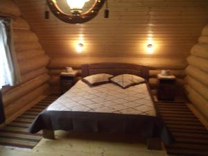 ein Schlafzimmer mit einem Bett in einem Holzzimmer in der Unterkunft Cabana Piatra Runcului in Vatra Moldoviţei