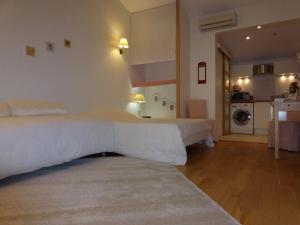 ein großes Schlafzimmer mit 2 Betten und einer Küche in der Unterkunft Cottage Blagnac in Beauzelle