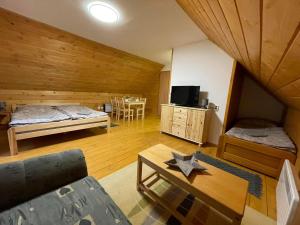 ヴィシュナ・ボチャにあるApartmány SKI Čertovicaのベッドとテレビとテーブルのある部屋