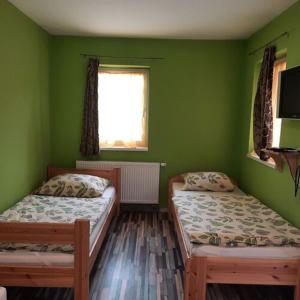 Sanyi Vendégház في Dávod: سريرين في غرفة بجدران خضراء