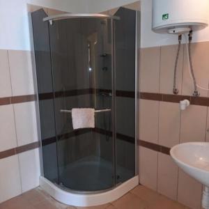 a glass shower in a bathroom with a sink at Sanyi Vendégház in Dávod