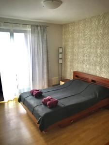 a bedroom with a bed with two pillows on it at Vezas Apartment 3beds in Klaipėda