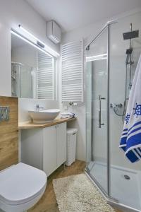 a bathroom with a glass shower and a sink at Kawalerka z miejscem parkingowym w hali garażowej in Sopot