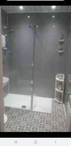 a shower with a glass door in a bathroom at Millie's place in Fort William