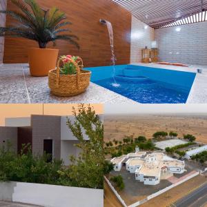 un collage de fotos con una piscina y una casa en Oriental Nights Rest House, en Al Wāşil