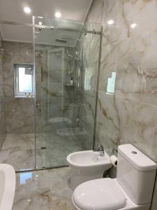 ein Bad mit einer Dusche, einem WC und einem Waschbecken in der Unterkunft Hotel Demokracia in Fushë-Arrëz