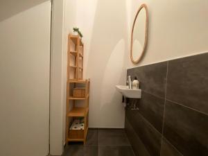 a bathroom with a sink and a mirror at Bright and chic apartment in Lux City in Luxembourg
