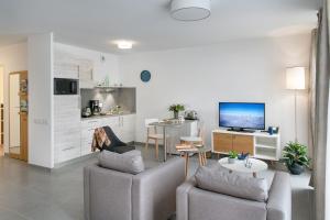 a living room with two chairs and a tv at DOMITYS LA BADIANE in Marseille