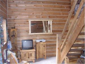 Habitación con TV pequeña en una pared de madera. en Papoose, en Custer