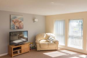 a living room with a chair and a television at Seaview Apartment in Keiss