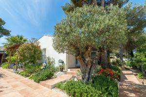 a house with a tree and flowers in a yard at La Villa de l'Olivier in Cap d'Agde