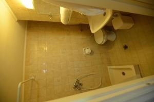 Argo Hotel في بيراما: حمام مع دش مع مرحاض ومغسلة