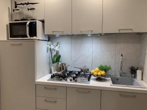 a kitchen with a stove and a microwave at Villa Luminosa in Torre del Lago Puccini