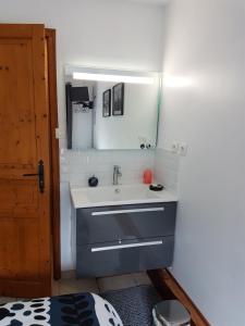 een badkamer met een wastafel en een spiegel bij LA GRIOTTE 2 & Spa&Piscine in Pennedepie
