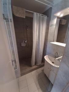 łazienka z prysznicem i umywalką w obiekcie Gyopár Gyöngye Apartmanház w mieście Orosháza +34 zdjęcia