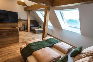 a living room with a couch and a tv at Hochhubergut in Aschach an der Steyr