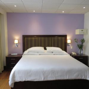 - une chambre avec un grand lit blanc aux murs violets dans l'établissement Suites Melchor Ocampo 445, à Mexico