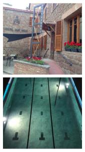 dos fotos de una piscina frente a un edificio en Hostal Sant Marti en Puig-reig