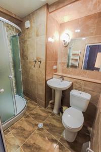 ein Bad mit einem WC, einem Waschbecken und einer Dusche in der Unterkunft Hotel Pushkin II/1a in Kutaissi
