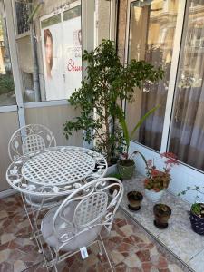 Una mesa y sillas en un balcón con plantas. en Елегантна стая за гости Стефи в центъра на Казанлък, Партер, en Kazanlak 15 fotos más