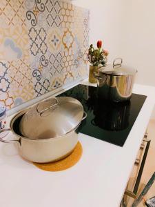 una pentola e una padella su un fornello in cucina di Talos Apartments a San Vito lo Capo Altre 67 foto