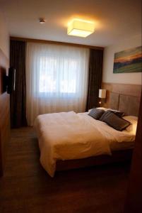 ein Schlafzimmer mit einem großen Bett und einem Fenster in der Unterkunft Feldberg Lodge Holidays - Residenz Grafenmatt in Feldberg