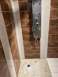 a shower in a bathroom with brown tiles at Studio privée Vesoul -Wifi,TV,Clim in Vesoul