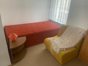 a small bedroom with a bed and a yellow chair at Redewischer Str.8 in Boltenhagen